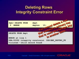 Deleting Rows: Integrity Constraint ErrorSQL> DELETE FROMdept2  WHEREdeptno = 10;You cannot delete a row that contains a primary key that is used as a foreign key in another table.DELETE FROM dept            *ERROR at line 1:ORA-02292: integrity constraint (USR.EMP_DEPTNO_FK) violated - child record found