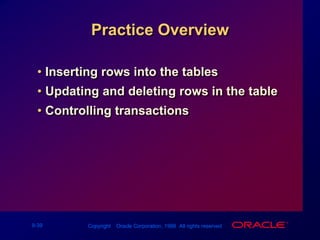 Practice OverviewInserting rows into the tablesUpdating and deleting rows in the tableControlling transactions
