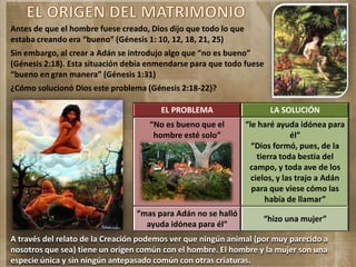 Antes de que el hombre fuese creado, Dios dijo que todo lo que
estaba creando era “bueno” (Génesis 1: 10, 12, 18, 21, 25)
Sin embargo, al crear a Adán se introdujo algo que “no es bueno”
(Génesis 2:18). Esta situación debía enmendarse para que todo fuese
“bueno en gran manera” (Génesis 1:31)
¿Cómo solucionó Dios este problema (Génesis 2:18-22)?
EL PROBLEMA LA SOLUCIÓN
“No es bueno que el
hombre esté solo”
“le haré ayuda idónea para
él”
“Dios formó, pues, de la
tierra toda bestia del
campo, y toda ave de los
cielos, y las trajo a Adán
para que viese cómo las
había de llamar”
“mas para Adán no se halló
ayuda idónea para él”
“hizo una mujer”
A través del relato de la Creación podemos ver que ningún animal (por muy parecido a
nosotros que sea) tiene un origen común con el hombre. El hombre y la mujer son una
especie única y sin ningún antepasado común con otras criaturas.
 