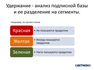 Удержание - анализ подписной базы и ее разделение на сегменты. 
•Не пользуются продуктом 
Красная 
•Иногда пользуются продуктом 
Желтая 
•Часто пользуются продуктом 
Зеленая 
Например, по частоте чтения  