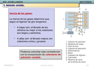 IES JOVELLANOS MOTORESIES JOVELLANOS MOTORES
03/02/2017 Nicolás Colado
Inercia de los gases:
La inercia de los gases determina que,
según el régimen de giro tengamos:
• A bajas rpm: el llenado de los
cilindros es mejor si los colectores
son largos y estrechos.
• A altas rpm: el llenado mejora con
colectores cortos y gruesos.
Podemos solventar esta contradicción
con la incorporación de colectores de
admisión variable.
13
3. Admisión variable..3. Admisión variable..
 