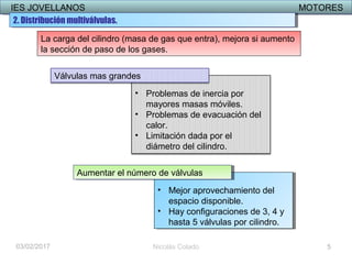 IES JOVELLANOS MOTORESIES JOVELLANOS MOTORES
03/02/2017
• Problemas de inercia por
mayores masas móviles.
• Problemas de evacuación del
calor.
• Limitación dada por el
diámetro del cilindro.
Nicolás Colado
La carga del cilindro (masa de gas que entra), mejora si aumento
la sección de paso de los gases.
Válvulas mas grandes
• Mejor aprovechamiento del
espacio disponible.
• Hay configuraciones de 3, 4 y
hasta 5 válvulas por cilindro.
• Mejor aprovechamiento del
espacio disponible.
• Hay configuraciones de 3, 4 y
hasta 5 válvulas por cilindro.
Aumentar el número de válvulasAumentar el número de válvulas
5
2. Distribución multiválvulas.2. Distribución multiválvulas.
 