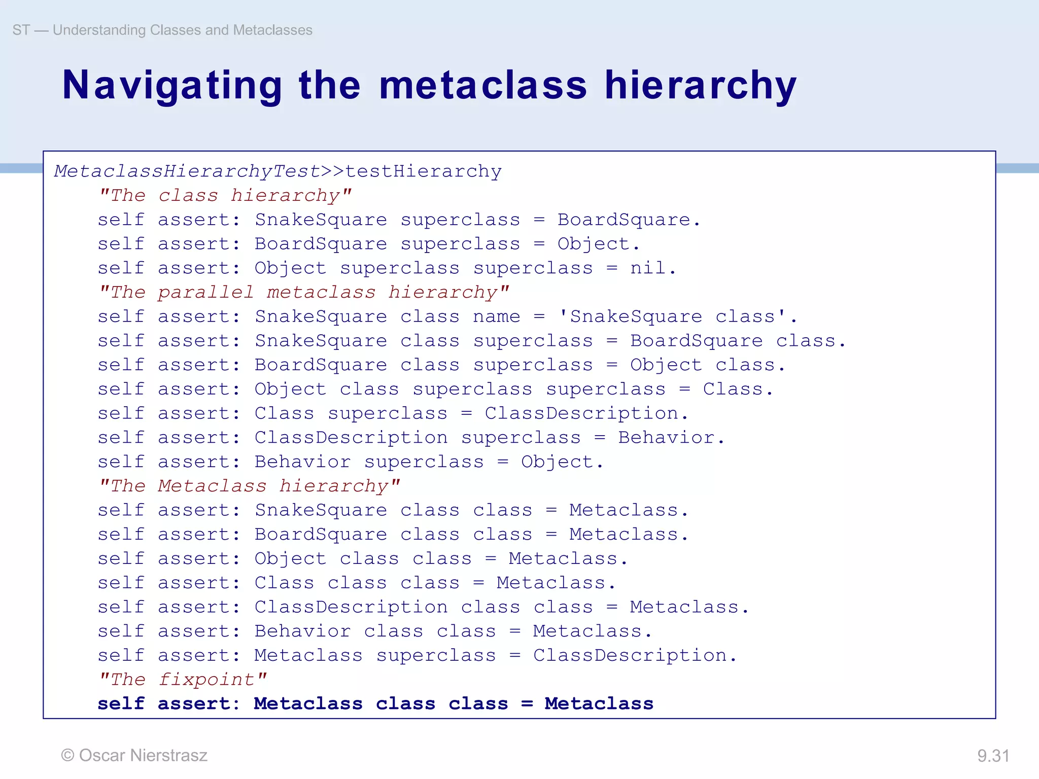 © Oscar Nierstrasz
ST — Understanding Classes and Metaclasses
9.31
Navigating the metaclass hierarchy
MetaclassHierarchyTest>>testHierarchy
"The class hierarchy"
self assert: SnakeSquare superclass = BoardSquare.
self assert: BoardSquare superclass = Object.
self assert: Object superclass superclass = nil.
"The parallel metaclass hierarchy"
self assert: SnakeSquare class name = 'SnakeSquare class'.
self assert: SnakeSquare class superclass = BoardSquare class.
self assert: BoardSquare class superclass = Object class.
self assert: Object class superclass superclass = Class.
self assert: Class superclass = ClassDescription.
self assert: ClassDescription superclass = Behavior.
self assert: Behavior superclass = Object.
"The Metaclass hierarchy"
self assert: SnakeSquare class class = Metaclass.
self assert: BoardSquare class class = Metaclass.
self assert: Object class class = Metaclass.
self assert: Class class class = Metaclass.
self assert: ClassDescription class class = Metaclass.
self assert: Behavior class class = Metaclass.
self assert: Metaclass superclass = ClassDescription.
"The fixpoint"
self assert: Metaclass class class = Metaclass
 