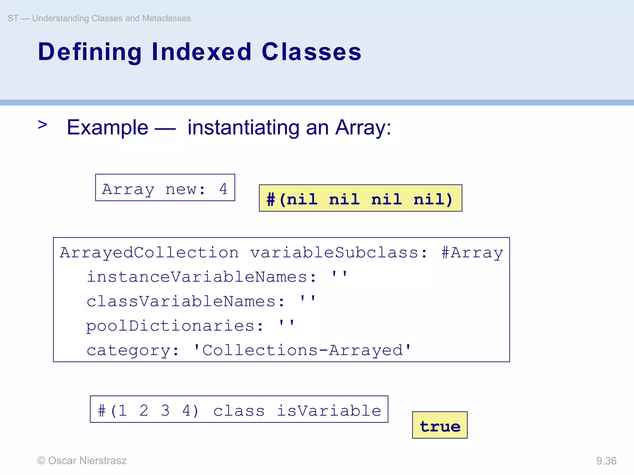 © Oscar Nierstrasz
ST — Understanding Classes and Metaclasses
9.36
Defining Indexed Classes
> Example — instantiating an Array:
ArrayedCollection variableSubclass: #Array
instanceVariableNames: ''
classVariableNames: ''
poolDictionaries: ''
category: 'Collections-Arrayed'
Array new: 4
#(nil nil nil nil)
#(1 2 3 4) class isVariable
true
 