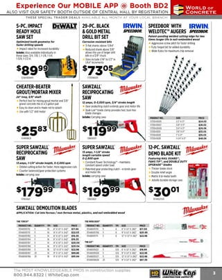 Experience Our MOBILE APP @ Booth BD2
ALSO VISIT OUR SAFETY BOOTH OUTSIDE OF CENTRAL HALL BY REGISTRATION

...,.,ii!

~ WORLDoF

~ CONCRETE

THESE SPECIAL TRADER DEALS AVAILABLE ALL MONTH AT YOUR LOCAL BRANCH!

IRWIN. SPEEDBOR"WITH

DEWALT. 29-PC.BLACK

5-PC. IMPACT
READY HOLE
SAW SET

&GOLD METAL
DRILL BIT SET

Optimized tooth geometry for
faster drllllng speeds

SPEEDBOR.

Patent-pending welded cutting edge for two
times longer life in nail-embedded wood

Corrosion resistant bits

Aggressive screw pitch for faster drilling
Fully forged bit for added durability
Wide flutes for maximum chip removal

3-flat shanks above 11/64"
Reduced shank above 3/8"
allows the use of larger drill
bits in a 3/8" chuck
S include 1/16" to 1/2" in
izes
1/64" increments

Impact rated for increased durability
Includes: Also available individually in
these sizes: 3/4, 7/8, 1, 1-1/8, 1-1/4,
1-3/8, 1-1/2 in.

IRWIN.

WELDTEC™ AUGERS SPEEDBOR.

$13os
1733018005

324018001R5

CHEATER-BEATER
GROUT/MORTAR MIXER

SAWZALL"
RECIPROCATING
SAW
12 amps, 0-1, 000 spm, 1/4" stroke length

Gear protecting clutch extends gear and motor life
Quik-Lok'" blade clamp provides fast, tool-free
blade changes
Includes: Carrying case

104MXRCB

~~!p~~-~~~~!LL" 1f1ilW~
~

SUPER SAWZALL"
RECIPROCATING
SAW

length variable speed
0-2,BOOspm

11 amps, 1-1/4" stroke length, 0-1,000 spm

Orbital cutting action for faster, more aggressive cuts
Counter balanced/gear protection systems
Includes: carrying case

.

PRODUCT NO.

S
IZE

PRICE

1733043005
1733043007
1733043009
1733043011
1733043013
1733043015

1/2" X17"
5/ 8"X 17"
3/4" x17"
7/8" x17"
1" X17"
1-1/4"X 1
7"

$24.03
$28.02
$29.06
$33.05
$35.05
$48.06

12-PC. SAWZALL" 1f1ilW~
DEMO BLADE KIT ~ .
Featuring NAIL GUARD '",
FANG TIP'", and DOUBLE DUTY

Constant Power Technology" - maintains
constant speed under load
Patented gear protecting clutch - extends gear
and motor life
Includes: carrying case

UPGRADE'" blades
Thicker blade stock

Double relief angle
Matrix II bi-metal teeth
Jobsite durable storage case

a •
.

~·· ~
,',

J"

, •' ,'"',:.!!!I·

s3oo1 ;i1 I!
11
131653621

131653821

13149221129

SAWZALL' DEMOLITION BLADES
APPLICATION: Cut into ferrous / non-ferrous metal, plastics, and nail embedded wood
THETORC
H"

THE WRECKER"

PRODUCT NO.

QUANTITY

TPI

SIZE

PRICE

PRODUCT NO.

QUANTITY

TPI

SIZE

13148005712
13148005713
13148005782
13148005784
13148005787
13148005788
13148005789
13148008787
13148008788

5
5

10
10
14
18
14
18
18
14
18

6" x1.0' x .042"
9' x 1 x .042"
.0"
6" x1.0' x .042"
6" x1.0' x .042"
9" x 1.0" x .042"
9' x 1 x .042"
.0"
12" x 1.0" x .042'
9' x 1 x .042"
.0"
9" x 1.0" x .042"

$17.66
$22.03
$16.05
$16.05
$20.04
$20.04
$22.98
$89.86
$95.94

13148005701
13148005706
13148005711

5
5

8
8

6" x 1.0" x .062" $17.00
9" x1.0' x .062' $20.99
12" x 1.0" x .062" $22.98

5
5
25
25

THE AX"
PRODUCT NO.

QUANTITY

TPI

SIZE

PRICE

13148005021
13148005026
13148005027
13148008026

5
5
5
25

5/8
5/8
5/8
5/8

6" x1.0" x .062"
9" x1.0' x .062'
12" x 1.0" x .062"
9" x1.0" x .062'

$18.99
$22.98
$22.98
$87.39

The MOST KNOWLEDGEABLE PROS in construction supplies

800.944.8322 I Whitecap.com

PRICE

 