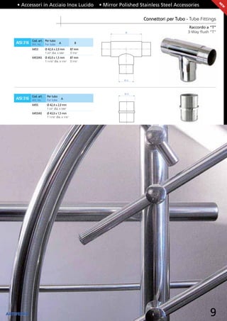 • Accessori in Acciaio Inox Lucido                                      • Mirror Polished Stainless Steel Accessories




                                                                                                                                                N
                                                                                                                                                EW
                                                                                                         Connettori per Tubo - Tube Fittings
                                                                                                                               Raccordo a “T”
                                                                                              B                               3-Way ﬂush “T”

               Cod. art. Per tubo
    AISI 316   Art. no. For tube        A              B

               X453        Ø 42,4 x 2,0 mm          87 mm
                           1 2/3” dia. x 5/64”      3 7/16”
               X453/43     Ø 43,0 x 1,5 mm          87 mm
                           1 11/16” dia. x 1/16”    3 7/16”




                                                                                             ØA




                                                                                             ØA
               Cod. art.    Per tubo
    AISI 316   Art. no.     For tube        A

               X455         Ø 42,4 x 2,0 mm
                            1 2/3” dia. x 5/64”
               X455/43      Ø 43,0 x 1,5 mm
                            1 11/16” dia. x 1/16”




                                                                                                                       by
ARTEFERRO
                      www.arteferro.com              Riproduzione Vietata    Reproduction Prohibited   www.arteferro.com
                                                                                                                                         9
 