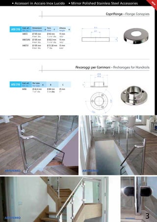• Accessori in Acciaio Inox Lucido                                   • Mirror Polished Stainless Steel Accessories




                                                                                                                                      N
                                                                                                                                      EW
                                                                                                       Copriﬂange - Flange Canopies



              Cod. art.   Dimensioni           Foro            Altezza                       ØA
   AISI 316   Art. no.    Dimensions         A Hole     F      Height    H
                                                                                             ØF
              X4072       Ø 105 mm             Ø 43 mm         15 mm
                          4 9/64” dia.         1 11/16” dia.   19/32”




                                                                                                                H
              X4072/43    Ø 105 mm             Ø 43,5 mm       15 mm
                          4 9/64” dia.         1 11/16” dia.   19/32”
              X40731      Ø 105 mm             Ø 51,50 mm      15 mm
                          4 9/64” dia.         1” dia.         63/64”




                                                                             Ancoraggi per Corrimani - Anchorages for Handrails
                                                                                                  ØB
                                                                                                  ØA


              Cod. art.   Per tubo
   AISI 316
                                                                                 C
              Art. no.    For tube       A         B               C

              X456        Ø 42,4 mm            Ø 84 mm         25 mm
                          1 2/3” dia.          3 5/16 dia.     1”




                                                                                        12
                                                                                          0°             120°




ARTEFERRO                                                                         ARTEFERRO




ARTEFERRO                                                                                                           ARTEFERRO   3
 