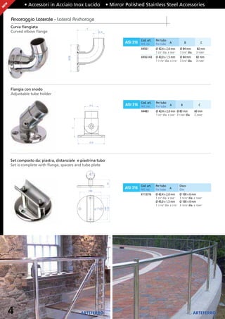 EW          • Accessori in Acciaio Inox Lucido                   • Mirror Polished Stainless Steel Accessories
N




     Ancoraggio Laterale - Lateral Anchorage
     Curva ﬂangiata                             C
     Curved elbow ﬂange                                     ØA


                                                                                    Cod. art.   Per tubo
                                                                         AISI 316   Art. no.    For tube     A               B                 C

                                                                                    X4561       Ø 42,4 x 2,0 mm         Ø 84 mm          82 mm
                                                                                                1 2/3” dia. x 5/64”     3 5/16” dia.    3 15/64”
                                                                                    X4561/43    Ø 43,0 x 1,5 mm       Ø 84 mm           82 mm



                                     ØB
                                                                                                1 11/16” dia. x 1/16” 3 5/16” dia.      3 15/64”




     Flangia con snodo
     Adjustable tube holder

                                                                                    Cod. art.   Per tubo
                                                    ØA                   AISI 316   Art. no.    For tube     A           B                 C

                                                                                    X4483       Ø 42,4 x 2,0 mm Ø 83 mm                60 mm
                                                                                                1 2/3” dia. x 5/64” 3 17/64” dia.      2 23/64”
                                          C




                                                    ØB




     Set composto da: piastra, distanziale e piastrina tubo
     Set is complete with ﬂange, spacers and tube plate

                                                    ØA
                                                                  35




                                                                                    Cod. art.   Per tubo                Disco
                                                                         AISI 316   Art. no.    For tube     A          Disc
                                                 100
                                                                                    X113316     Ø 42,4 x 2,0 mm         Ø 100 x 6 mm
                                                                                                1 2/3” dia. x 5/64”     3 15/16” dia. x 15/64”
                                                                                                Ø 43,0 x 1,5 mm         Ø 100 x 6 mm
                                                                                                1 11/16” dia. x 1/16”   3 15/16” dia. x 15/64”
                                                         Ø 11
                                                                 100
                                                                 125




                                                                                                                 by
     4                                        ARTEFERRO                                                                                ARTEFERRO
 