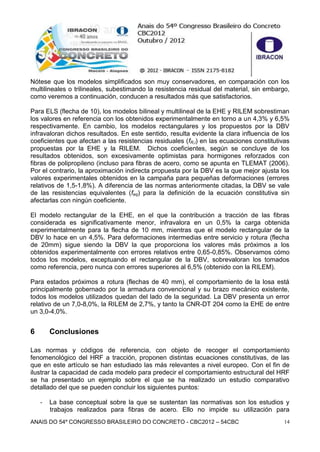 ANAIS DO 54º CONGRESSO BRASILEIRO DO CONCRETO - CBC2012 – 54CBC 14
Nótese que los modelos simplificados son muy conservadores, en comparación con los
multilineales o trilineales, subestimando la resistencia residual del material, sin embargo,
como veremos a continuación, conducen a resultados más que satisfactorios.
Para ELS (flecha de 10), los modelos bilineal y multilineal de la EHE y RILEM sobrestiman
los valores en referencia con los obtenidos experimentalmente en torno a un 4,3% y 6,5%
respectivamente. En cambio, los modelos rectangulares y los propuestos por la DBV
infravaloran dichos resultados. En este sentido, resulta evidente la clara influencia de los
coeficientes que afectan a las resistencias residuales (fR,i) en las ecuaciones constitutivas
propuestas por la EHE y la RILEM. Dichos coeficientes, según se concluye de los
resultados obtenidos, son excesivamente optimistas para hormigones reforzados con
fibras de polipropileno (incluso para fibras de acero, como se apunta en TLEMAT (2006).
Por el contrario, la aproximación indirecta propuesta por la DBV es la que mejor ajusta los
valores experimentales obtenidos en la campaña para pequeñas deformaciones (errores
relativos de 1,5-1,8%). A diferencia de las normas anteriormente citadas, la DBV se vale
de las resistencias equivalentes (feq) para la definición de la ecuación constitutiva sin
afectarlas con ningún coeficiente.
El modelo rectangular de la EHE, en el que la contribución a tracción de las fibras
considerada es significativamente menor, infravalora en un 0,5% la carga obtenida
experimentalmente para la flecha de 10 mm, mientras que el modelo rectangular de la
DBV lo hace en un 4,5%. Para deformaciones intermedias entre servicio y rotura (flecha
de 20mm) sigue siendo la DBV la que proporciona los valores más próximos a los
obtenidos experimentalmente con errores relativos entre 0,65-0,85%. Observamos cómo
todos los modelos, exceptuando el rectangular de la DBV, sobrevaloran los tomados
como referencia, pero nunca con errores superiores al 6,5% (obtenido con la RILEM).
Para estados próximos a rotura (flechas de 40 mm), el comportamiento de la losa está
principalmente gobernado por la armadura convencional y su brazo mecánico existente,
todos los modelos utilizados quedan del lado de la seguridad. La DBV presenta un error
relativo de un 7,0-8,0%, la RILEM de 2,7%, y tanto la CNR-DT 204 como la EHE de entre
un 3,0-4,0%.
6 Conclusiones
Las normas y códigos de referencia, con objeto de recoger el comportamiento
fenomenológico del HRF a tracción, proponen distintas ecuaciones constitutivas, de las
que en este artículo se han estudiado las más relevantes a nivel europeo. Con el fin de
ilustrar la capacidad de cada modelo para predecir el comportamiento estructural del HRF
se ha presentado un ejemplo sobre el que se ha realizado un estudio comparativo
detallado del que se pueden concluir los siguientes puntos:
- La base conceptual sobre la que se sustentan las normativas son los estudios y
trabajos realizados para fibras de acero. Ello no impide su utilización para
 