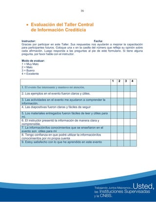 16
 Evaluación del Taller Central
de Información Crediticia
Instructor: Fecha:
Gracias por participar en este Taller. Sus respuestas nos ayudarán a mejorar la capacitación
para participantes futuros. Coloque una x en la casilla del número que refleja su opinión sobre
cada afirmación. Luego responda a las preguntas al pie de este formulario. Si tiene alguna
pregunta, por favor hable con el instructor.
Modo de evaluar:
1 = Muy Malo
2 = Malo
3 = Bueno
4 = Excelente
1 2 3 4
1. El evento fue interesante y mantuvo mi atención.
2. Los ejemplos en el evento fueron claros y útiles.
3. Las actividades en el evento me ayudaron a comprender la
información.
4. Las diapositivas fueron claras y fáciles de seguir
5. Los materiales entregados fueron fáciles de leer y útiles para
mí.
6. El instructor presentó la información de manera clara y
comprensible.
7. La información/los conocimientos que se enseñaron en el
evento son útiles para mí
8. Tengo confianza en que podré utilizar la información/los
conocimientos por mi propia cuenta
9. Estoy satisfecho con lo que he aprendido en este evento
 