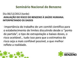 Seminário Nacional do Benzeno
Dia 06/12/2012 (tarde)
 AVALIAÇÃO DO RISCO DO BENZENO À SAÚDE HUMANA:
INTERPRETANDO OS DADOS

-importância do trabalho de um comitê científico para
o estabelecimento de limites discutindo desde o “ponto
de partida”, o tipo de extrapolação a baixas doses, o
risco aceitável… tudo isso para que a estimativa do
risco seja a mais confiável possível, a que melhor
reflete a realidade.
 