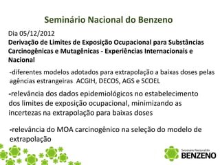 Seminário Nacional do Benzeno
Dia 05/12/2012
Derivação de Limites de Exposição Ocupacional para Substâncias
Carcinogênicas e Mutagênicas - Experiências Internacionais e
Nacional
-diferentes modelos adotados para extrapolação a baixas doses pelas
agências estrangeiras ACGIH, DECOS, AGS e SCOEL
-relevância dos dados epidemiológicos no estabelecimento
dos limites de exposição ocupacional, minimizando as
incertezas na extrapolação para baixas doses

-relevância do MOA carcinogênico na seleção do modelo de
extrapolação
 