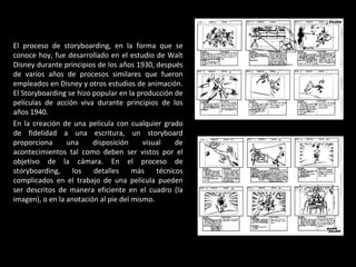 El proceso de storyboarding, en la forma que se conoce hoy, fue desarrollado en el estudio de Walt Disney durante principios de los años 1930, después de varios años de procesos similares que fueron empleados en Disney y otros estudios de animación. El Storyboarding se hizo popular en la producción de películas de acción viva durante principios de los años 1940. En la creación de una película con cualquier grado de fidelidad a una escritura, un storyboard proporciona una disposición visual de acontecimientos tal como deben ser vistos por el objetivo de la cámara. En el proceso de storyboarding, los detalles más técnicos complicados en el trabajo de una película pueden ser descritos de manera eficiente en el cuadro (la imagen), o en la anotación al pie del mismo. 