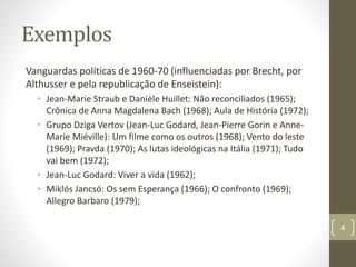 Exemplos
Vanguardas políticas de 1960-70 (influenciadas por Brecht, por
Althusser e pela republicação de Enseistein):
• Jean-Marie Straub e Danièle Huillet: Não reconciliados (1965);
Crônica de Anna Magdalena Bach (1968); Aula de História (1972);
• Grupo Dziga Vertov (Jean-Luc Godard, Jean-Pierre Gorin e Anne-
Marie Miéville): Um filme como os outros (1968); Vento do leste
(1969); Pravda (1970); As lutas ideológicas na Itália (1971); Tudo
vai bem (1972);
• Jean-Luc Godard: Viver a vida (1962);
• Miklós Jancsó: Os sem Esperança (1966); O confronto (1969);
Allegro Barbaro (1979);
4
 