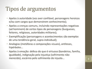 Tipos de argumentos
• Apelos à autoridade (voz over confiável, personagens heroicos
e/ou com cargos que demonstrem conhecimento);
• Apelos a crenças comuns, incluindo representações negativas
(ad hominem) de certos tipos de personagens (burgueses,
feitores, religiosos, autoridades militares);
• Exemplificação (personagens e acontecimentos são exemplos
de uma tendência geral, supra-individual);
• Analogias (metáforas e comparações visuais), antíteses,
hipérboles...
• Apelos à emoção: defesa do que é virtuoso (bandeiras, família,
igualdade), indignação pela injustiça (sofrimento não-
merecido), escárnio pelo sofrimento do injusto... 8
 