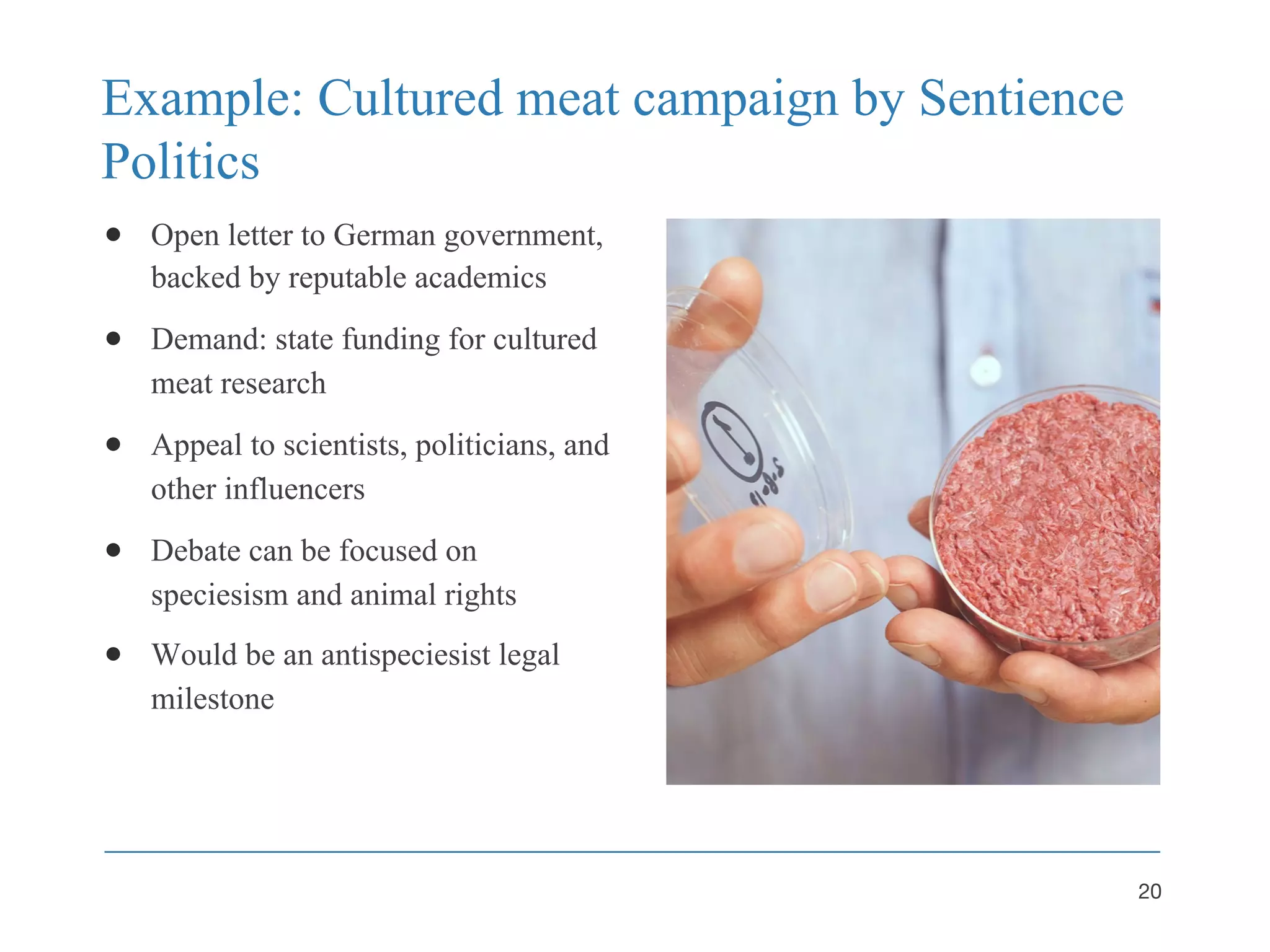 Example: Cultured meat campaign by Sentience
Politics
● Open letter to German government,
backed by reputable academics
● Demand: state funding for cultured
meat research
● Appeal to scientists, politicians, and
other influencers
● Debate can be focused on
speciesism and animal rights
● Would be an antispeciesist legal
milestone
20
 