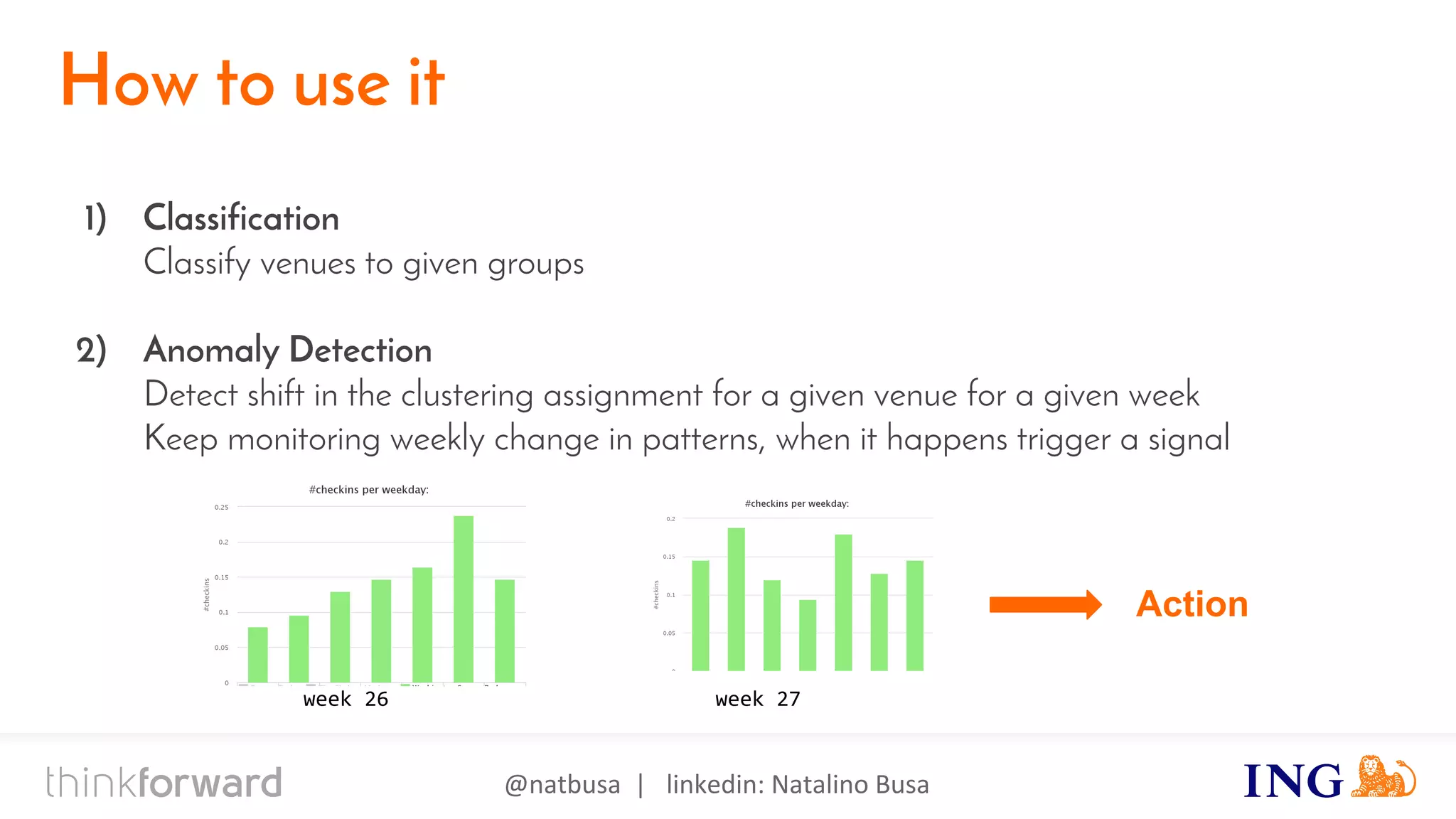 @natbusa | linkedin: Natalino Busa
How to use it
1) Classification
Classify venues to given groups
2) Anomaly Detection
Detect shift in the clustering assignment for a given venue for a given week
Keep monitoring weekly change in patterns, when it happens trigger a signal
week 26 week 27
Action
 