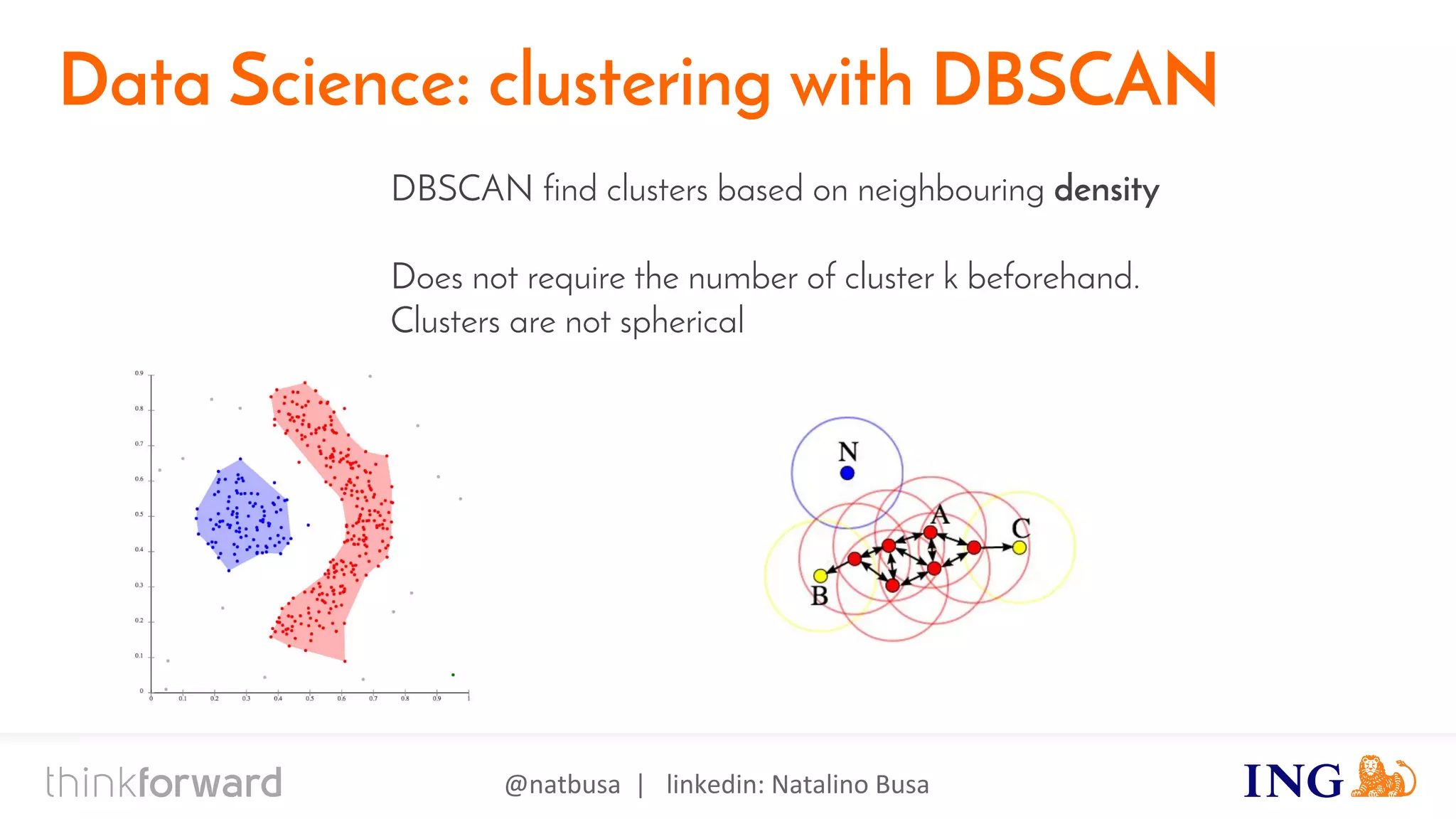 @natbusa | linkedin: Natalino Busa
Data Science: clustering with DBSCAN
DBSCAN find clusters based on neighbouring density
Does not require the number of cluster k beforehand.
Clusters are not spherical
 