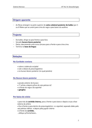 Sistema Nervoso IXº Par: N. Glossofaríngeo
2
Origem aparente
− As fibras emergem na parte superior do sulco colateral posterior do bulbo (por 5
ou 6 filetes que se unem) para cima do vago e para baixo do auditivo
Trajecto
− Do bulbo, dirige-se para frente e para fora
− Sai pelo buraco lácero posterior
− Desce, descrevendo uma curva côncava para a frente e para cima cima
− Termina na base da língua
Relações
Na Cavidade craniana
 sobre o tubérculo occipital
 sob o lóbulo do pneumogástrico
 no buraco lácero posterior (no qual penetra)
No Buraco lácero posterior
 porção anterior do buraco
 1º p/trás e depois p/fora do seio petroso inf.
 à frente do vago e do espinhal
 gânglios
Por baixo do crânio
 para trás da carótida interna, para a frente e para baixo e depois cruza a face
externa da artéria
 fica à frente e para dentro do pneumogástrico e o espinhal, separado deles pelo
seio petroso inferior e depois pela jugular interna
 à frente da carótida...
...oblíquo p/frente/baixo...
 