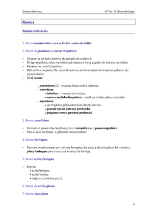 Sistema Nervoso IXº Par: N. Glossofaríngeo
4
Ramos
Ramos colaterais
1. Ramo anastomótico com o facial - ansa de haller
2. Nervo de jacobson ou nervo timpânico
− Origina-se no lado externo do gânglio de andersch
− Dirige-se p/fora, sulco na crista que separa a fossa jugular do buraco carotídeo
− Penetra no canal timpânico
− Pelo orifício superior Do canal timpânico entra na caixa do tímpano (p/baixo do
promontório)
− Dá 6 ramos:
 posteriores (2) - mucosa fossa oval e redonda
 anteriores
 tubárico - mucosa da trompa
 nervo carotido-timpânico - canal carotídeo, plexo carotídeo
 superiores
 ver trigémio p/anastomoses destes nervos
 grande nervo petroso profundo
 pequeno nervo petroso profundo
3. Ramos carotídeos
− Formam o plexo intercarotídeo com o simpático e o pneumogástrico
− Para o seio carotídeo e glândula intercarotídea
4. Ramos faríngeos
− Formam anastomoses com ramos faríngeos do vago e do simpático, formando o
plexo faríngeo para a mucosa e vasos da faringe.
5. Nervo estilo-faríngeo
− Enerva:
 estilofaríngeo
 estilohioideu
 digástrico (ventre post.)
6. Nervo do estilo-glosso
7. Ramos tonsilares
 