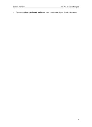 Sistema Nervoso IXº Par: N. Glossofaríngeo
5
− Formam o plexo tonsilar de andersch, para a mucosa e pilares do véu do palato.
 
