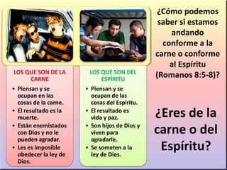 ¿Cómo podemos
saber si estamos
andando
conforme a la
carne o conforme
al Espíritu
(Romanos 8:5-8)?
¿Eres de la
carne o del
Espíritu?
LOS QUE SON DE LA
CARNE
• Piensan y se
ocupan en las
cosas de la carne.
• El resultado es la
muerte.
• Están enemistados
con Dios y no le
pueden agradar.
• Les es imposible
obedecer la ley de
Dios.
LOS QUE SON DEL
ESPÍRITU
• Piensan y se
ocupan de las
cosas del Espíritu.
• El resultado es
vida y paz.
• Son hijos de Dios y
viven para
agradarle.
• Se someten a la
ley de Dios.
 