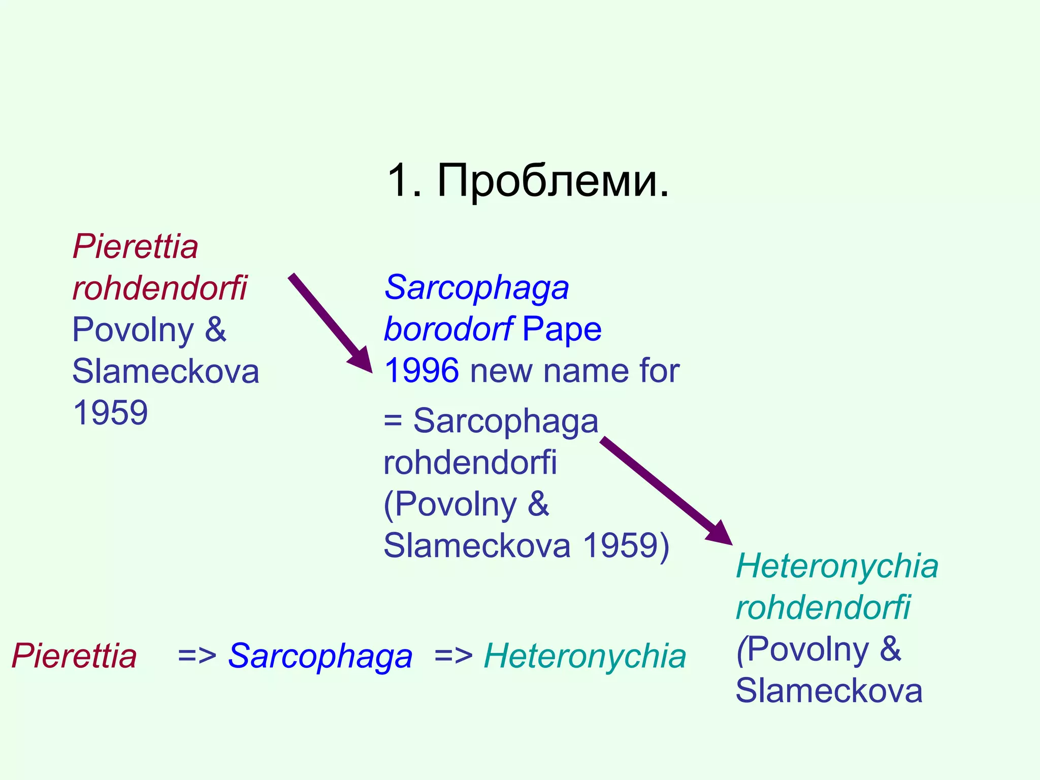 1. Проблеми.
Pierettia
rohdendorfi
Povolny &
Slameckova
1959
Sarcophaga
borodorf Pape
1996 new name for
= Sarcophaga
rohdendorfi
(Povolny &
Slameckova 1959)
Heteronychia
rohdendorfi
(Povolny &
Slameckova
Pierettia => Sarcophaga => Heteronychia
 