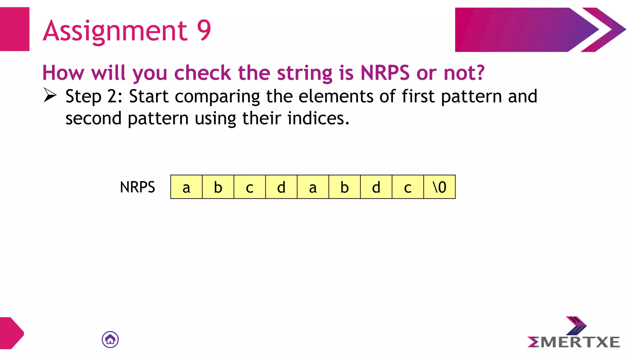 Assignment 9
How will you check the string is NRPS or not?
 Step 2: Start comparing the elements of first pattern and
second pattern using their indices.
a b c d a b d c 0
NRPS
 