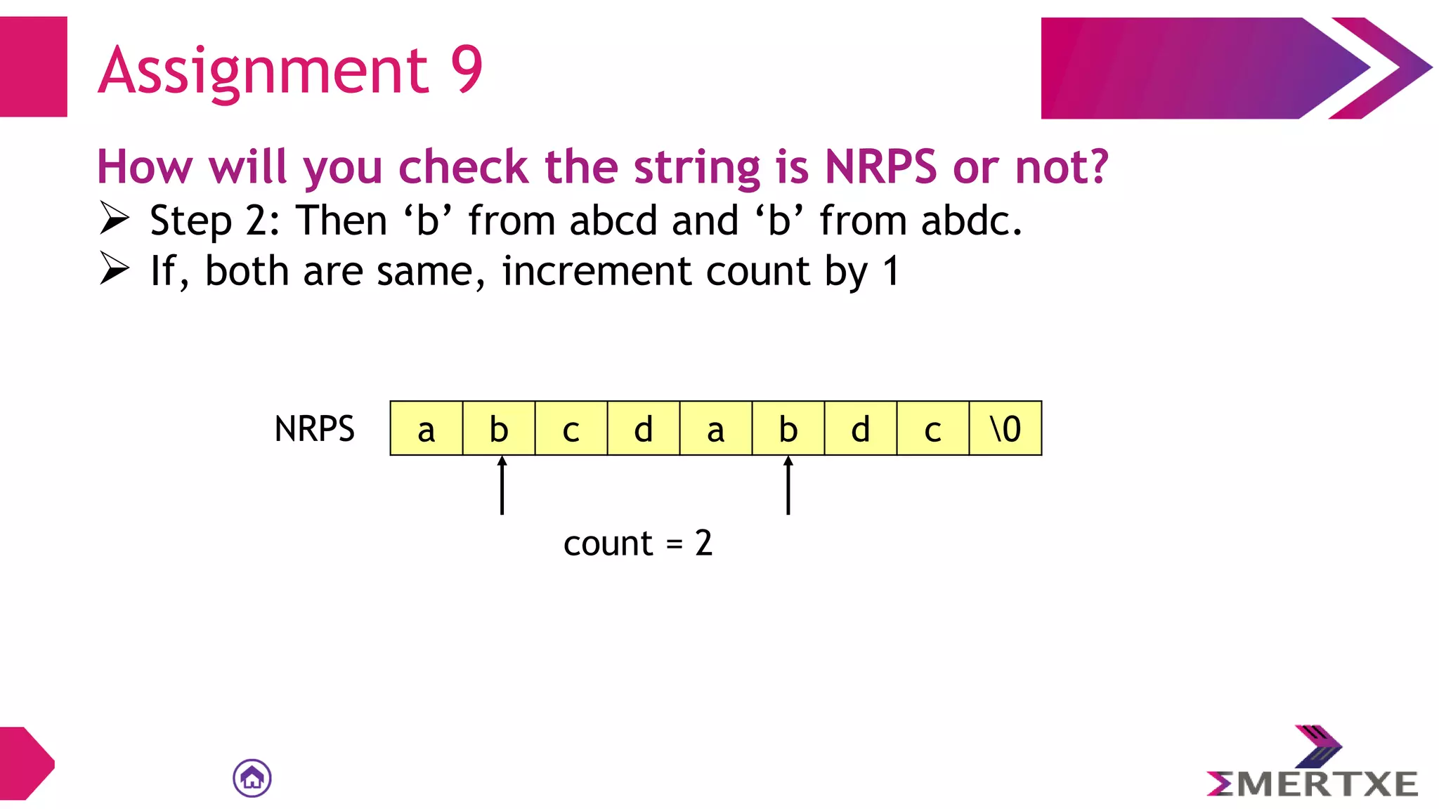 Assignment 9
How will you check the string is NRPS or not?
 Step 2: Then ‘b’ from abcd and ‘b’ from abdc.
 If, both are same, increment count by 1
a b c d a b d c 0
NRPS
count = 2
 