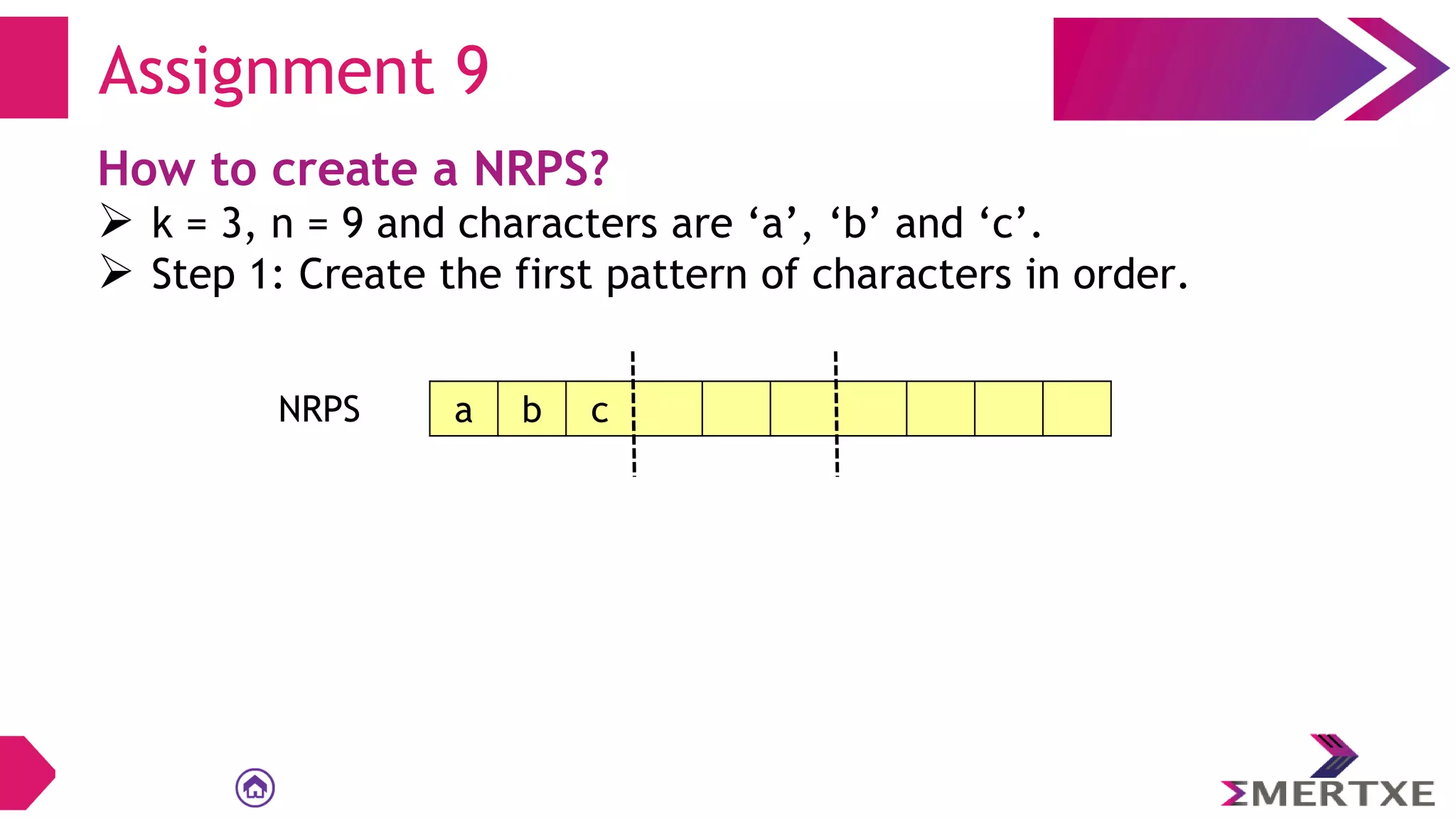 Assignment 9
How to create a NRPS?
 k = 3, n = 9 and characters are ‘a’, ‘b’ and ‘c’.
 Step 1: Create the first pattern of characters in order.
a b c
NRPS
 