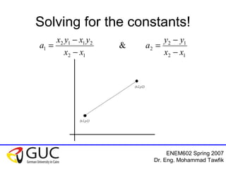 ENEM602 Spring 2007
Dr. Eng. Mohammad Tawfik
Solving for the constants!
12
12
2
12
2112
1 &
xx
yy
a
xx
yxyx
a
−
−
=
−
−
=
 