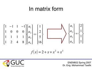 ENEM602 Spring 2007
Dr. Eng. Mohammad Tawfik
In matrix form














=

























 −−
16
5
2
1
8421
1111
0001
1111
4
3
2
1
a
a
a
a














=














1
1
1
2
4
3
2
1
a
a
a
a
( ) 32
2 xxxxf +++=
 