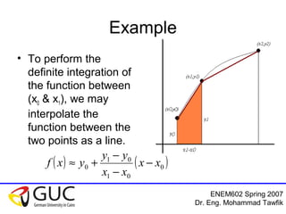 ENEM602 Spring 2007
Dr. Eng. Mohammad Tawfik
Example
• To perform the
definite integration of
the function between
(x0 & x1), we may
interpolate the
function between the
two points as a line.
( ) ( )0
01
01
0 xx
xx
yy
yxf −
−
−
+≈
 