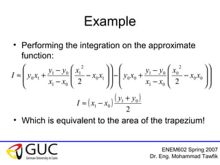 ENEM602 Spring 2007
Dr. Eng. Mohammad Tawfik
Example
• Performing the integration on the approximate
function:
















−
−
−
+−
















−
−
−
+≈ 00
2
0
01
01
0010
2
1
01
01
10
22
xx
x
xx
yy
xyxx
x
xx
yy
xyI
( ) ( )
2
01
01
yy
xxI
+
−≈
• Which is equivalent to the area of the trapezium!
 