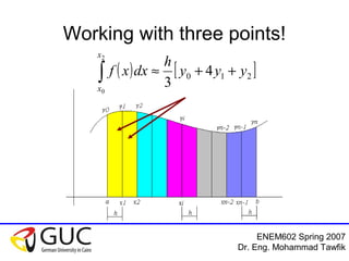 ENEM602 Spring 2007
Dr. Eng. Mohammad Tawfik
Working with three points!
( ) [ ]210 4
3
2
0
yyy
h
dxxf
x
x
++≈∫
 