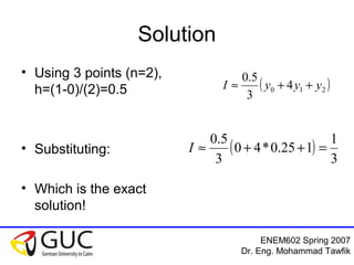 ENEM602 Spring 2007
Dr. Eng. Mohammad Tawfik
Solution
• Using 3 points (n=2),
h=(1-0)/(2)=0.5
• Substituting:
• Which is the exact
solution!
( )210 4
3
5.0
yyyI ++≈
( )
3
1
125.0*40
3
5.0
=++≈I
 