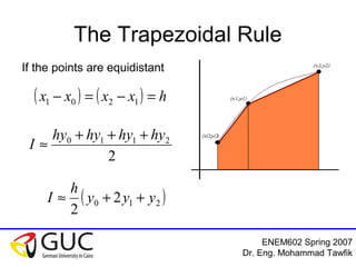 ENEM602 Spring 2007
Dr. Eng. Mohammad Tawfik
The Trapezoidal Rule
( ) ( ) hxxxx =−=− 1201
If the points are equidistant
2
2110 hyhyhyhy
I
+++
≈
( )210 2
2
yyy
h
I ++≈
 