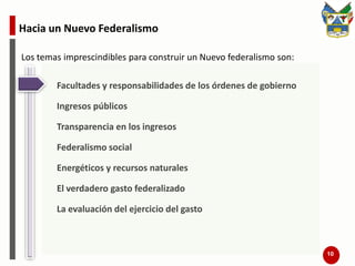 Hacia un Nuevo FederalismoImpacto de la Reforma 2007Distribución del crecimiento del Fondo General de Participaciones, 2007-2010Millones de pesos     Un Nuevo Federalismo debe redefinir un equilibrio de poder entre los órdenes de gobierno, particularmente, el estatal y el federal que se traduzca en capacidades fiscales acordes con las necesidades de gasto de cada orden de gobierno.     La reforma hacendaria (2007) introdujo modificaciones para resolver la inercia bajo la que se distribuía el ingreso fiscal pero no resolvió la brecha fiscal.7