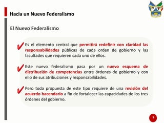 Tensión financiera y alternativa federalistaLa Coordinación Fiscal implicó la renuncia de los estados al ejercicio pleno de sus facultades tributarias. En consecuencia, la autoridad estatal no cuenta con instrumentos suficientes para financiar su gasto con recursos propios.La tensión generada por la insuficiencia de recursos llevó a que estados y municipios desarrollaran propuestas alternativas de negociación frente al gobierno federal. Las agrupaciones de gobiernos municipales y la Conferencia Nacional de Gobernadores (CONAGO), son expresión de la necesidad de los gobiernos locales de dotarse de nuevos mecanismos de interacción e interlocución con el gobierno federal.6Capacidades Fiscales