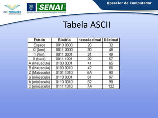 COMO A INFORMAÇÃO É REPRESENTADA
quantificar
memória
principal

Múltiplos
de bytes

medir
capacidade de
armazenamento

kilo, mega, giga, tera
Kilo
Mega
Giga
Tera

K
M
G
T

valores aproximados
1.000 bytes (mil bytes)
1.000.000 bytes (um milhão de bytes)
1.000.000.000 bytes (um bilhão de bytes)
1.000.000.000.000 bytes (um trilhão de bytes)
8

 