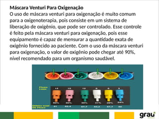 Máscara Venturi Para Oxigenação
O uso de máscara venturi para oxigenação é muito comum
para a oxigenoterapia, pois consiste em um sistema de
liberação de oxigênio, que pode ser controlado. Esse controle
é feito pela máscara venturi para oxigenação, pois esse
equipamento é capaz de mensurar a quantidade exata de
oxigênio fornecido ao paciente. Com o uso da máscara venturi
para oxigenação, o valor de oxigênio pode chegar até 90%,
nível recomendado para um organismo saudável.
 