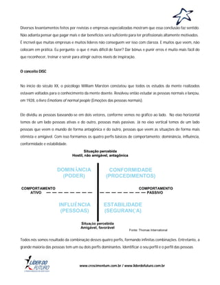 Diversos levantamentos feitos por revistas e empresas especializadas mostram que essa conclusão faz sentido.
Não adianta pensar que pagar mais e dar benefícios será suficiente para ter profissionais altamente motivados.
É incrível que muitas empresas e muitos líderes não conseguem ver isso com clareza. E muitos que veem, não
colocam em prática. Eu pergunto: o que é mais difícil de fazer? Dar bônus e punir erros é muito mais fácil do
que reconhecer, treinar e servir para atingir outros níveis de inspiração.

O conceito DISC

No início do século XX, o psicólogo William Marston constatou que todos os estudos da mente realizados
estavam voltados para o conhecimento da mente doente. Resolveu então estudar as pessoas normais e lançou,
em 1928, o livro Emotions of normal people (Emoções das pessoas normais).

Ele dividiu as pessoas baseando-se em dois vetores, conforme vemos no gráfico ao lado. No eixo horizontal
temos de um lado pessoas ativas e do outro, pessoas mais passivas. Já no eixo vertical temos de um lado
pessoas que veem o mundo de forma antagônica e do outro, pessoas que veem as situações de forma mais
otimista e amigável. Com isso formamos os quatro perfis básicos de comportamento: dominância, influência,
conformidade e estabilidade.
Situação percebida
Hostil, não amigável, antagônica

DOMINÂNCIA
(PODER)

CONFORMIDADE
(PROCEDIMENTOS)

COMPORTAMENTO
ATIVO

COMPORTAMENTO
PASSIVO

INFLUÊNCIA
(PESSOAS)

ESTABILIDADE
(SEGURANÇA)

Situação percebida
Amigável, favorável

Fonte: Thomas International

Todos nós somos resultado da combinação desses quatro perfis, formando infinitas combinações. Entretanto, a
grande maioria das pessoas tem um ou dois perfis dominantes. Identificar o seu perfil e o perfil das pessoas

www.crescimentum.com.br / www.liderdofuturo.com.br

 