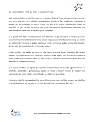 que o cercam pode ser a mola que faltava na busca da motivação.

Cada um dos perfis tem características, valores e motivadores distintos. Vamos entender um pouco mais sobre
esses perfis para saber como utilizá-los, começando pela dominância. Para simplificação, chamaremos as
pessoas com alta dominância de Alto D. Pessoas com Alto D são pessoas profundamente focadas em
resultados, são ágeis, desafiam a si mesmas e aos outros constantemente. São impacientes e impulsivas. Têm
como valores mais importantes no trabalho o poder e o dinheiro.

Já as pessoas com Alto I tem características bem diferentes. São pessoas alegres e otimistas, que estão
constantemente construindo relacionamentos, fazendo amigos e desenvolvendo seu networking. São pessoas
que estão sempre no centro de grupos, organizando eventos e animando grupos, com sua informalidade e
descontração. São comunicativas, irreverentes e persuasivas.

Pessoas com Alto S são aquelas que têm como valor maior a segurança. Buscam estabilidade. São calmas e
pacientes, fazendo seu trabalho com consistência, sem nunca deixar algo por fazer. Não gostam de mudanças
súbitas ou radicais e costumam trabalhar por muito tempo na mesma área e na mesma empresa. Amizade e
fidelidade são fundamentais para elas.

Já as pessoas com Alto C são aquelas que trabalham em conformidade com as regras e procedimentos. São
detalhistas, disciplinadas e perfeccionistas. Gostam do “preto no branco”. Gostam de trabalhos mais
especializados que exijam cálculos mais sofisticados ou estudo mais aprofundado.

Interessante, não é? Já conseguiu identificar seu perfil? Já começou a ver o perfil das pessoas a sua volta? Para
facilitar a identificação veja nos quadros 3, 4, 5 e 6 um check list pra você não errar. Fácil, não?

www.crescimentum.com.br / www.liderdofuturo.com.br

 