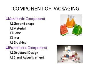 COMPONENT OF PACKAGING
Aesthetic Component
Size and shape
Material
Color
Text
Graphics
Functional Component
Structural Design
Brand Advertisement
 