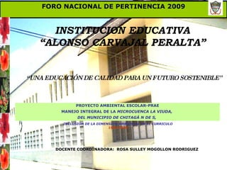 FORO NACIONAL DE PERTINENCIA 2009 INSTITUCION EDUCATIVA “ ALONSO CARVAJAL PERALTA” “ UNA EDUCACIÓN DE CALIDAD PARA UN FUTURO SOSTENIBLE” PROYECTO AMBIENTAL ESCOLAR-PRAE MANEJO INTEGRAL DE LA  MICROCUENCA LA VIUDA,  DEL MUNICIPIO DE CHITAGÁ N DE S,   DOCENTE COORDINADORA:  ROSA SULLEY MOGOLLON RODRIGUEZ INCLUSION DE LA DIMENSION AMBIENTAL EN EL CURRICULO 1999-2009 