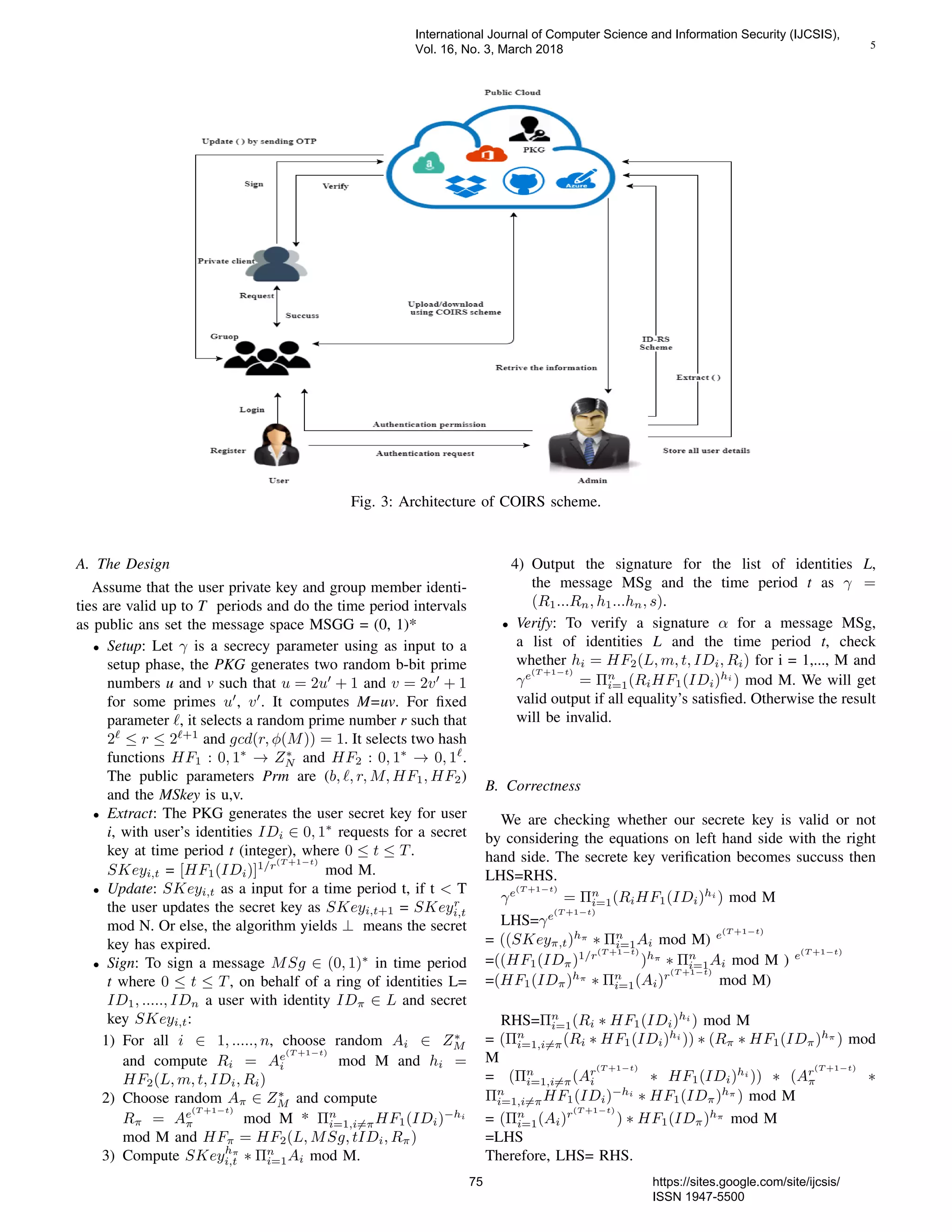 5
Fig. 3: Architecture of COIRS scheme.
A. The Design
Assume that the user private key and group member identi-
ties are valid up to T periods and do the time period intervals
as public ans set the message space MSGG = (0, 1)*
• Setup: Let γ is a secrecy parameter using as input to a
setup phase, the PKG generates two random b-bit prime
numbers u and v such that u = 2u + 1 and v = 2v + 1
for some primes u , v . It computes M=uv. For ﬁxed
parameter , it selects a random prime number r such that
2 ≤ r ≤ 2 +1
and gcd(r, φ(M)) = 1. It selects two hash
functions HF1 : 0, 1∗
→ Z∗
N and HF2 : 0, 1∗
→ 0, 1 .
The public parameters Prm are (b, , r, M, HF1, HF2)
and the MSkey is u,v.
• Extract: The PKG generates the user secret key for user
i, with user’s identities IDi ∈ 0, 1∗
requests for a secret
key at time period t (integer), where 0 ≤ t ≤ T.
SKeyi,t = [HF1(IDi)]1/r(T +1−t)
mod M.
• Update: SKeyi,t as a input for a time period t, if t < T
the user updates the secret key as SKeyi,t+1 = SKeyr
i,t
mod N. Or else, the algorithm yields ⊥ means the secret
key has expired.
• Sign: To sign a message MSg ∈ (0, 1)∗
in time period
t where 0 ≤ t ≤ T, on behalf of a ring of identities L=
ID1, ....., IDn a user with identity IDπ ∈ L and secret
key SKeyi,t:
1) For all i ∈ 1, ....., n, choose random Ai ∈ Z∗
M
and compute Ri = Ae(T +1−t)
i mod M and hi =
HF2(L, m, t, IDi, Ri)
2) Choose random Aπ ∈ Z∗
M and compute
Rπ = Ae(T +1−t)
π mod M * Πn
i=1,i=πHF1(IDi)−hi
mod M and HFπ = HF2(L, MSg, tIDi, Rπ)
3) Compute SKeyhπ
i,t ∗ Πn
i=1Ai mod M.
4) Output the signature for the list of identities L,
the message MSg and the time period t as γ =
(R1...Rn, h1...hn, s).
• Verify: To verify a signature α for a message MSg,
a list of identities L and the time period t, check
whether hi = HF2(L, m, t, IDi, Ri) for i = 1,..., M and
γe(T +1−t)
= Πn
i=1(RiHF1(IDi)hi
) mod M. We will get
valid output if all equality’s satisﬁed. Otherwise the result
will be invalid.
B. Correctness
We are checking whether our secrete key is valid or not
by considering the equations on left hand side with the right
hand side. The secrete key veriﬁcation becomes succuss then
LHS=RHS.
γe(T +1−t)
= Πn
i=1(RiHF1(IDi)hi
) mod M
LHS=γe(T +1−t)
= ((SKeyπ,t)hπ
∗ Πn
i=1Ai mod M) e(T +1−t)
=((HF1(IDπ)1/r(T +1−t)
)hπ
∗ Πn
i=1Ai mod M ) e(T +1−t)
=(HF1(IDπ)hπ
∗ Πn
i=1(Ai)r(T +1−t)
mod M)
RHS=Πn
i=1(Ri ∗ HF1(IDi)hi
) mod M
= (Πn
i=1,i=π(Ri ∗ HF1(IDi)hi
)) ∗ (Rπ ∗ HF1(IDπ)hπ
) mod
M
= (Πn
i=1,i=π(Ar(T +1−t)
i ∗ HF1(IDi)hi
)) ∗ (Ar(T +1−t)
π ∗
Πn
i=1,i=πHF1(IDi)−hi
∗ HF1(IDπ)hπ
) mod M
= (Πn
i=1(Ai)r(T +1−t)
) ∗ HF1(IDπ)hπ
mod M
=LHS
Therefore, LHS= RHS.
International Journal of Computer Science and Information Security (IJCSIS),
Vol. 16, No. 3, March 2018
75 https://sites.google.com/site/ijcsis/
ISSN 1947-5500
 