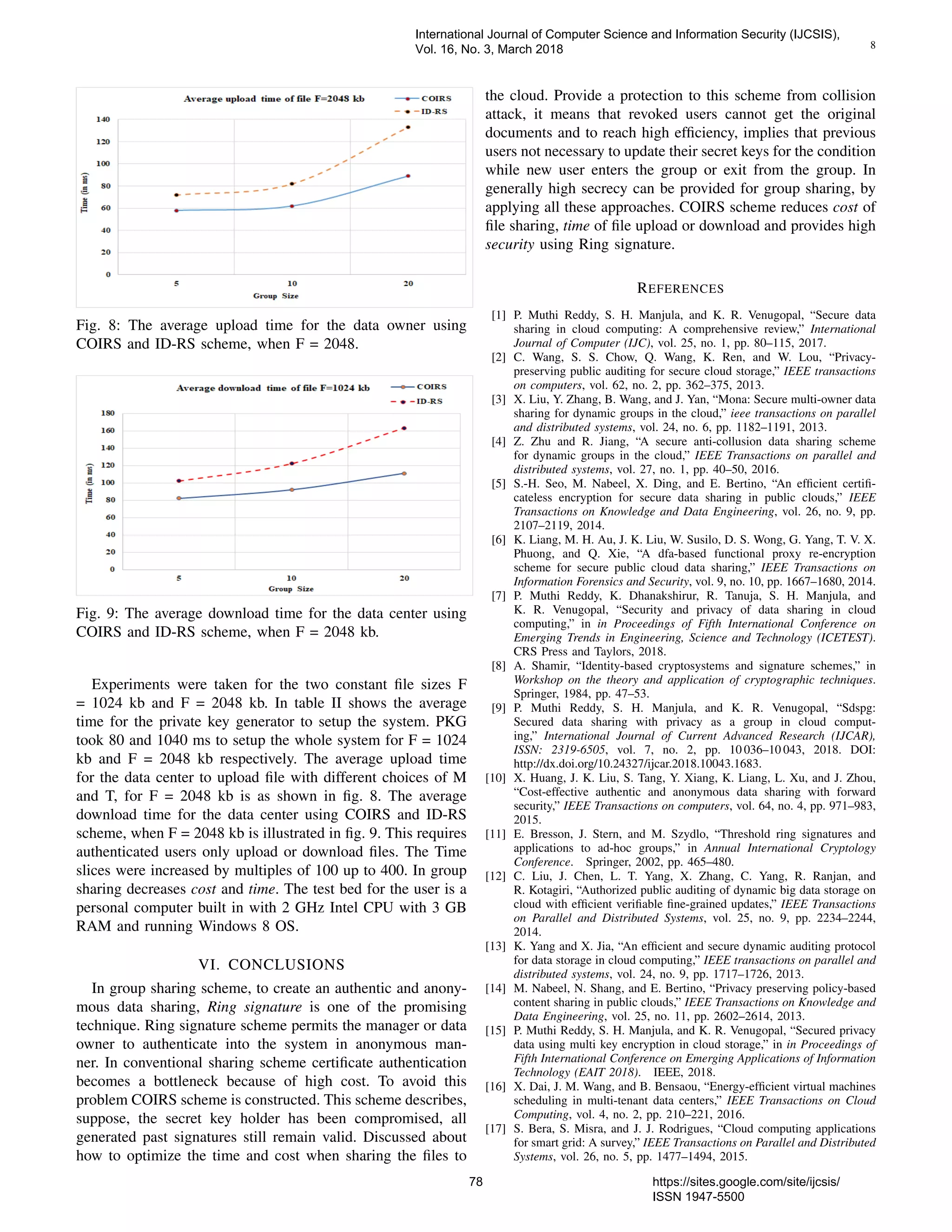 8
Fig. 8: The average upload time for the data owner using
COIRS and ID-RS scheme, when F = 2048.
Fig. 9: The average download time for the data center using
COIRS and ID-RS scheme, when F = 2048 kb.
Experiments were taken for the two constant ﬁle sizes F
= 1024 kb and F = 2048 kb. In table II shows the average
time for the private key generator to setup the system. PKG
took 80 and 1040 ms to setup the whole system for F = 1024
kb and F = 2048 kb respectively. The average upload time
for the data center to upload ﬁle with different choices of M
and T, for F = 2048 kb is as shown in ﬁg. 8. The average
download time for the data center using COIRS and ID-RS
scheme, when F = 2048 kb is illustrated in ﬁg. 9. This requires
authenticated users only upload or download ﬁles. The Time
slices were increased by multiples of 100 up to 400. In group
sharing decreases cost and time. The test bed for the user is a
personal computer built in with 2 GHz Intel CPU with 3 GB
RAM and running Windows 8 OS.
VI. CONCLUSIONS
In group sharing scheme, to create an authentic and anony-
mous data sharing, Ring signature is one of the promising
technique. Ring signature scheme permits the manager or data
owner to authenticate into the system in anonymous man-
ner. In conventional sharing scheme certiﬁcate authentication
becomes a bottleneck because of high cost. To avoid this
problem COIRS scheme is constructed. This scheme describes,
suppose, the secret key holder has been compromised, all
generated past signatures still remain valid. Discussed about
how to optimize the time and cost when sharing the ﬁles to
the cloud. Provide a protection to this scheme from collision
attack, it means that revoked users cannot get the original
documents and to reach high efﬁciency, implies that previous
users not necessary to update their secret keys for the condition
while new user enters the group or exit from the group. In
generally high secrecy can be provided for group sharing, by
applying all these approaches. COIRS scheme reduces cost of
ﬁle sharing, time of ﬁle upload or download and provides high
security using Ring signature.
REFERENCES
[1] P. Muthi Reddy, S. H. Manjula, and K. R. Venugopal, “Secure data
sharing in cloud computing: A comprehensive review,” International
Journal of Computer (IJC), vol. 25, no. 1, pp. 80–115, 2017.
[2] C. Wang, S. S. Chow, Q. Wang, K. Ren, and W. Lou, “Privacy-
preserving public auditing for secure cloud storage,” IEEE transactions
on computers, vol. 62, no. 2, pp. 362–375, 2013.
[3] X. Liu, Y. Zhang, B. Wang, and J. Yan, “Mona: Secure multi-owner data
sharing for dynamic groups in the cloud,” ieee transactions on parallel
and distributed systems, vol. 24, no. 6, pp. 1182–1191, 2013.
[4] Z. Zhu and R. Jiang, “A secure anti-collusion data sharing scheme
for dynamic groups in the cloud,” IEEE Transactions on parallel and
distributed systems, vol. 27, no. 1, pp. 40–50, 2016.
[5] S.-H. Seo, M. Nabeel, X. Ding, and E. Bertino, “An efﬁcient certiﬁ-
cateless encryption for secure data sharing in public clouds,” IEEE
Transactions on Knowledge and Data Engineering, vol. 26, no. 9, pp.
2107–2119, 2014.
[6] K. Liang, M. H. Au, J. K. Liu, W. Susilo, D. S. Wong, G. Yang, T. V. X.
Phuong, and Q. Xie, “A dfa-based functional proxy re-encryption
scheme for secure public cloud data sharing,” IEEE Transactions on
Information Forensics and Security, vol. 9, no. 10, pp. 1667–1680, 2014.
[7] P. Muthi Reddy, K. Dhanakshirur, R. Tanuja, S. H. Manjula, and
K. R. Venugopal, “Security and privacy of data sharing in cloud
computing,” in in Proceedings of Fifth International Conference on
Emerging Trends in Engineering, Science and Technology (ICETEST).
CRS Press and Taylors, 2018.
[8] A. Shamir, “Identity-based cryptosystems and signature schemes,” in
Workshop on the theory and application of cryptographic techniques.
Springer, 1984, pp. 47–53.
[9] P. Muthi Reddy, S. H. Manjula, and K. R. Venugopal, “Sdspg:
Secured data sharing with privacy as a group in cloud comput-
ing,” International Journal of Current Advanced Research (IJCAR),
ISSN: 2319-6505, vol. 7, no. 2, pp. 10 036–10 043, 2018. DOI:
http://dx.doi.org/10.24327/ijcar.2018.10043.1683.
[10] X. Huang, J. K. Liu, S. Tang, Y. Xiang, K. Liang, L. Xu, and J. Zhou,
“Cost-effective authentic and anonymous data sharing with forward
security,” IEEE Transactions on computers, vol. 64, no. 4, pp. 971–983,
2015.
[11] E. Bresson, J. Stern, and M. Szydlo, “Threshold ring signatures and
applications to ad-hoc groups,” in Annual International Cryptology
Conference. Springer, 2002, pp. 465–480.
[12] C. Liu, J. Chen, L. T. Yang, X. Zhang, C. Yang, R. Ranjan, and
R. Kotagiri, “Authorized public auditing of dynamic big data storage on
cloud with efﬁcient veriﬁable ﬁne-grained updates,” IEEE Transactions
on Parallel and Distributed Systems, vol. 25, no. 9, pp. 2234–2244,
2014.
[13] K. Yang and X. Jia, “An efﬁcient and secure dynamic auditing protocol
for data storage in cloud computing,” IEEE transactions on parallel and
distributed systems, vol. 24, no. 9, pp. 1717–1726, 2013.
[14] M. Nabeel, N. Shang, and E. Bertino, “Privacy preserving policy-based
content sharing in public clouds,” IEEE Transactions on Knowledge and
Data Engineering, vol. 25, no. 11, pp. 2602–2614, 2013.
[15] P. Muthi Reddy, S. H. Manjula, and K. R. Venugopal, “Secured privacy
data using multi key encryption in cloud storage,” in in Proceedings of
Fifth International Conference on Emerging Applications of Information
Technology (EAIT 2018). IEEE, 2018.
[16] X. Dai, J. M. Wang, and B. Bensaou, “Energy-efﬁcient virtual machines
scheduling in multi-tenant data centers,” IEEE Transactions on Cloud
Computing, vol. 4, no. 2, pp. 210–221, 2016.
[17] S. Bera, S. Misra, and J. J. Rodrigues, “Cloud computing applications
for smart grid: A survey,” IEEE Transactions on Parallel and Distributed
Systems, vol. 26, no. 5, pp. 1477–1494, 2015.
International Journal of Computer Science and Information Security (IJCSIS),
Vol. 16, No. 3, March 2018
78 https://sites.google.com/site/ijcsis/
ISSN 1947-5500
 