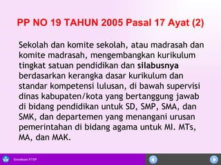 Sekolah dan komite sekolah, atau madrasah dan komite madrasah, mengembangkan kurikulum tingkat satuan pendidikan dan  silabusnya  berdasarkan kerangka dasar kurikulum dan standar kompetensi lulusan, di bawah supervisi dinas kabupaten/kota yang bertanggung jawab di bidang pendidikan untuk SD, SMP, SMA, dan SMK, dan departemen yang menangani urusan pemerintahan di bidang agama untuk MI. MTs, MA, dan MAK. PP NO 19 TAHUN 2005 Pasal 17 Ayat (2)   