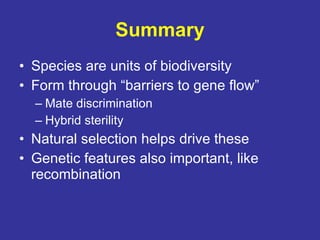 Summary <ul><li>Species are units of biodiversity </li></ul><ul><li>Form through “barriers to gene flow” </li></ul><ul><ul...