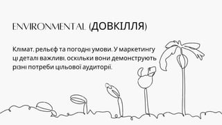 ENVIRONMENTAL (ДОВКІЛЛЯ)
Клімат, рельєф та погодні умови. У маркетингу
ці деталі важливі, оскільки вони демонструють
різні потреби цільової аудиторії.
 